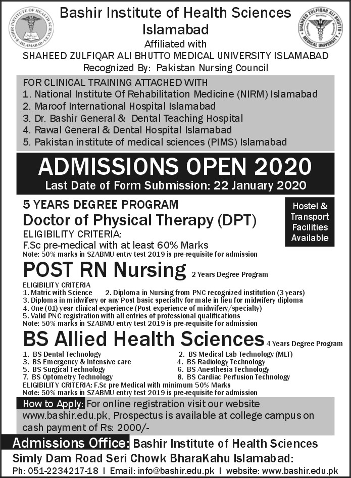 Admissions – Bashir Institute of Health Sciences