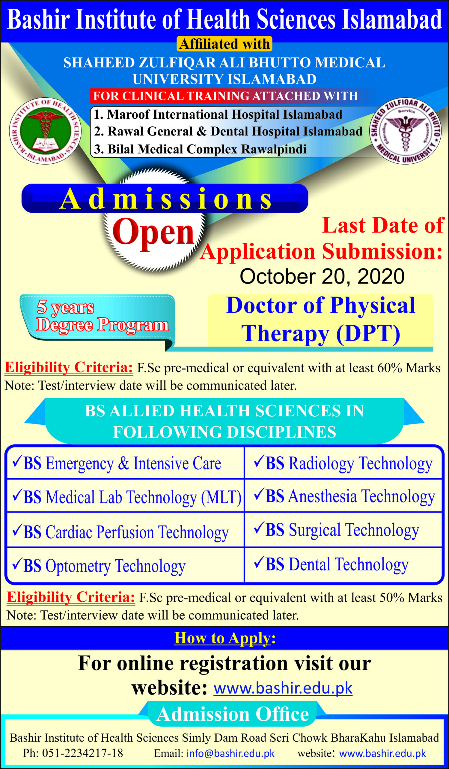 Admissions Open 2020 – Bashir Institute of Health Sciences