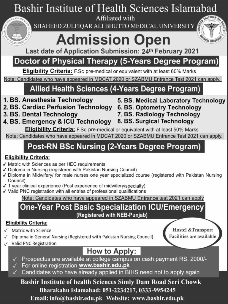 Admissions – Bashir Institute of Health Sciences